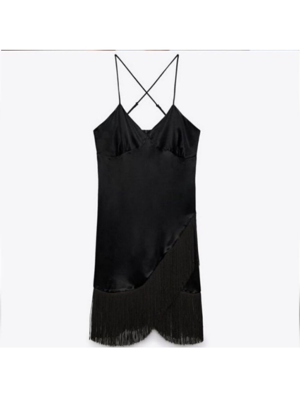 Zara Black Satin Slip Dress with Fringe and Crisscross Straps